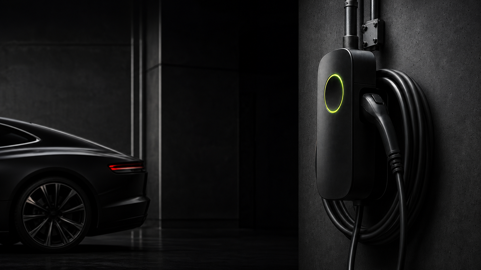 Wall-mounted electric vehicle charger in a dark architectural garage