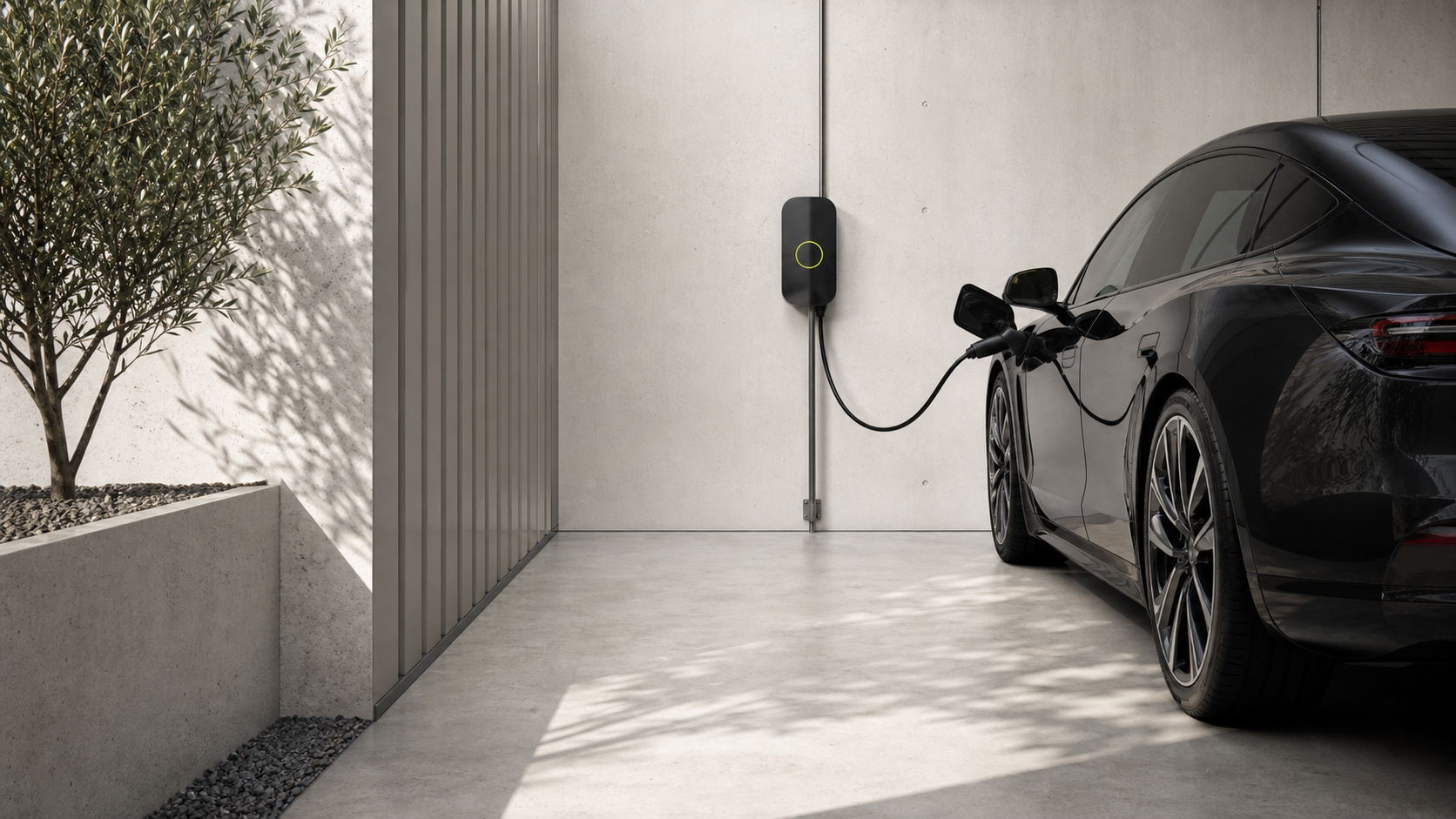 A clean EV charger installation in a bright modern residential garage