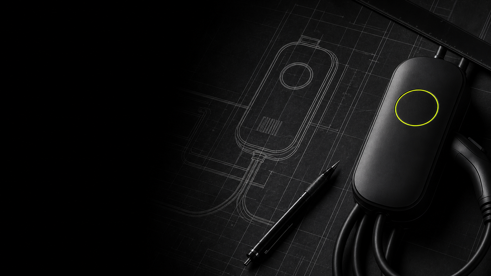 Detailed EV charger blueprint and drafting pen